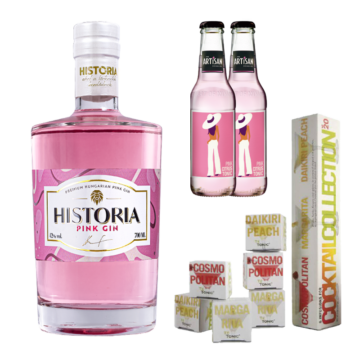 Historia Pink Gin csomag ajándék tonikokkal és koktélfűszer szettel 0,7L