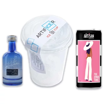 Jég 3dl pohárban + Artisan pink tonik + Akori mini gin (csak személyes átvétellel)