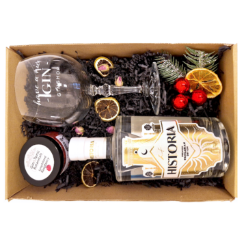 Karácsonyi Historia gin ajándékcsomag pohárral és fűszerrel