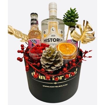 Karácsonyi Historia gin Ajándékcsomag ginfűszerrel, kis fekete kerek díszdobozban