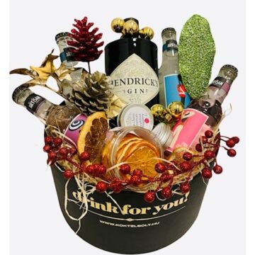 Karácsonyi Hendricks Ajándékcsomag ginfűszerrel, fekete kerek díszdobozban