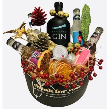 Karácsonyi Balaton gin tonik ajándékcsomag kerek fekete díszdobozban
