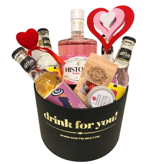 Valentin napi Historia Pink Gin szett fekete kerek díszdobozban 0,7L