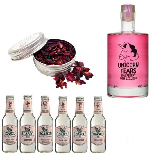 Unicorn Tears Raspberry Gin Tonik Home Kit ajándék rózsaszirommal