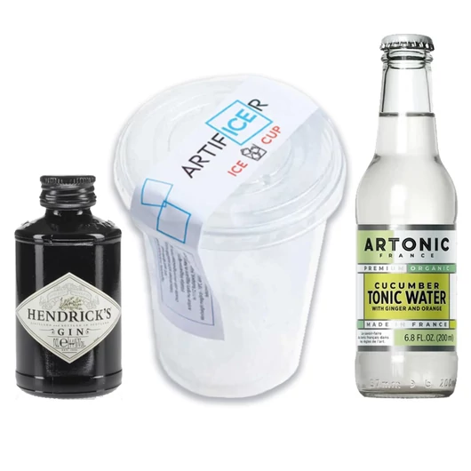 Jég 3dl pohárban + Hendricks mini gin + ARTONIC Uborkás tonic