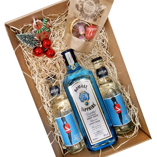 Karácsonyi Bombay gin tonik csomag karton díszdobozban