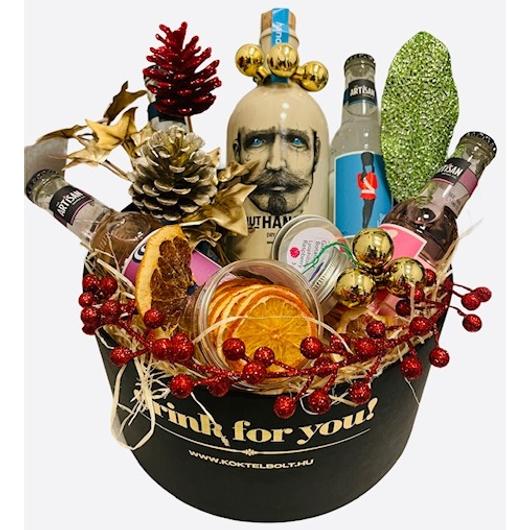 Karácsonyi Knut Hansen gin tonik ajándékcsomag kerek fekete díszdobozban