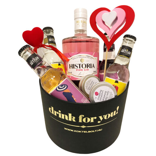 Valentin napi Historia Pink Gin szett fekete kerek díszdobozban 0,7L