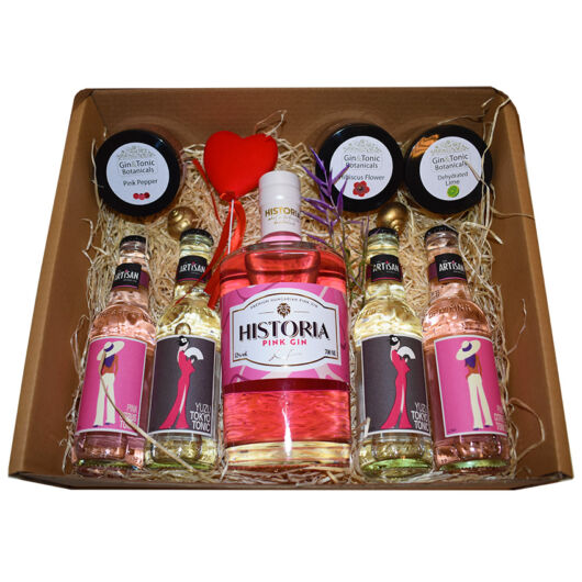 Valentin napi Historia Pink Gin Tonik szett dobozban fagyapot térkitöltővel